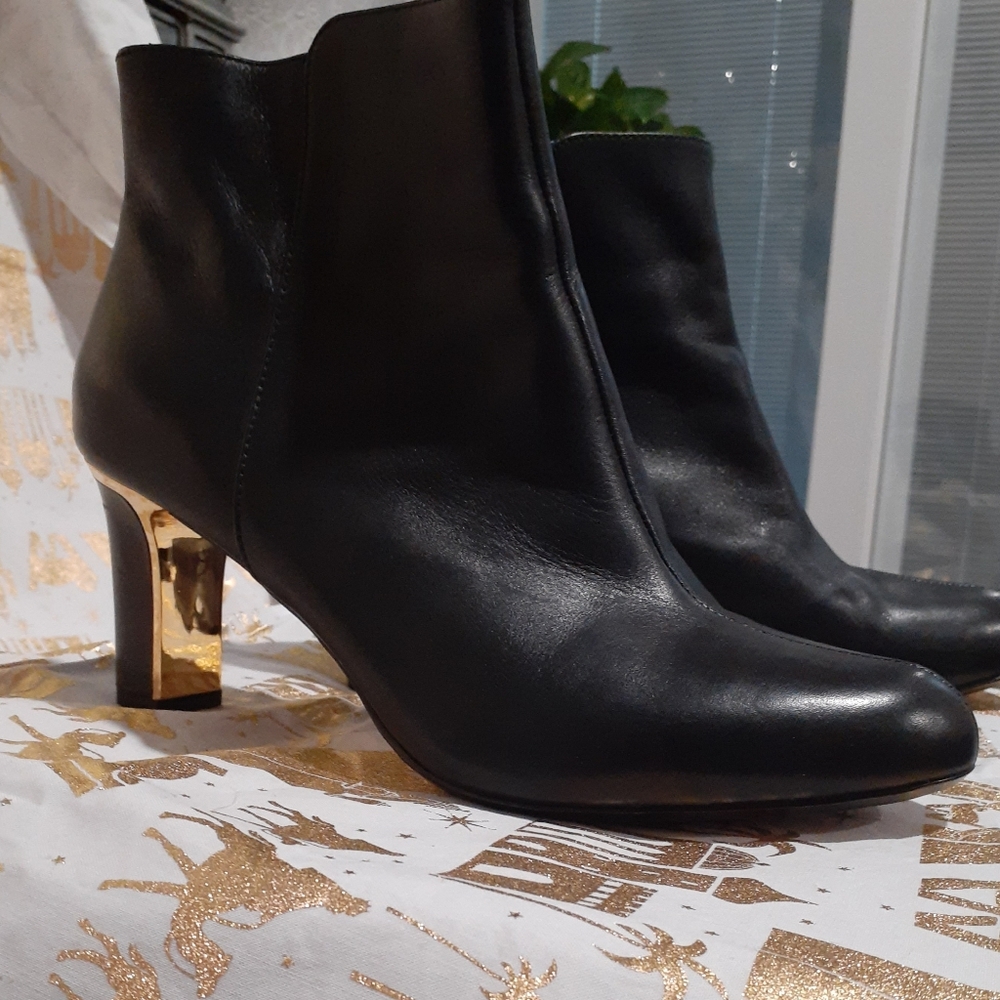Ankle boots, AK Ann Klein, black leather w/ gold heel trim